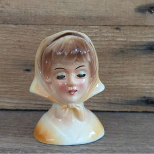 Vtg 3.75" Mini Lady Head Vase Mustard Yellow Hooded Scarf Japan Matching Dress